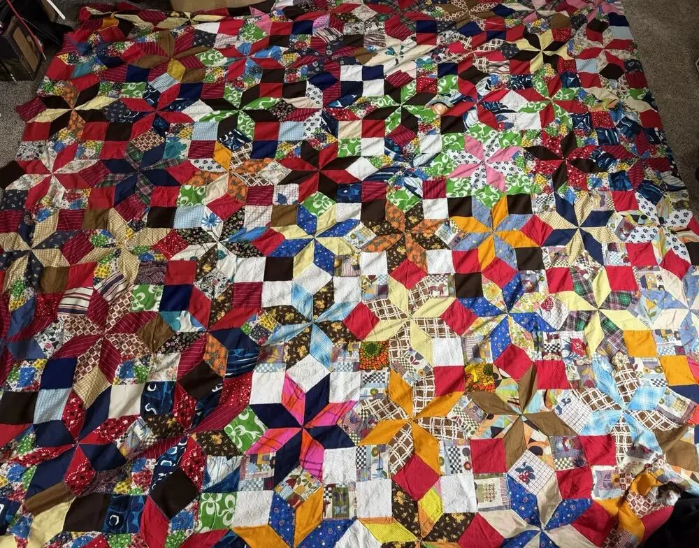 VINTAGE CRAZY QUILT TOP Kaleidoscope 8 Point Star COLORFUL Quilt OOAK Hand Sewn
